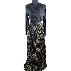 Lularoe Deanne Elegant Wrap Gold & Black Belted Maxi Cocktail Dress Size Medium